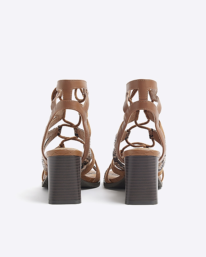 Brown snake print strappy heeled sandals
