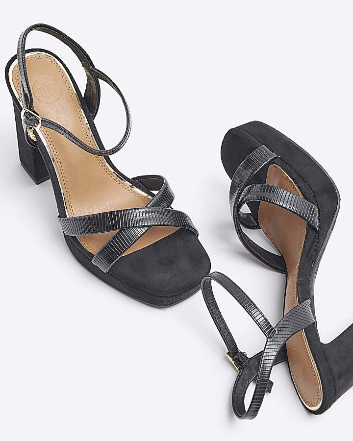 Black crossed strap heeled sandals