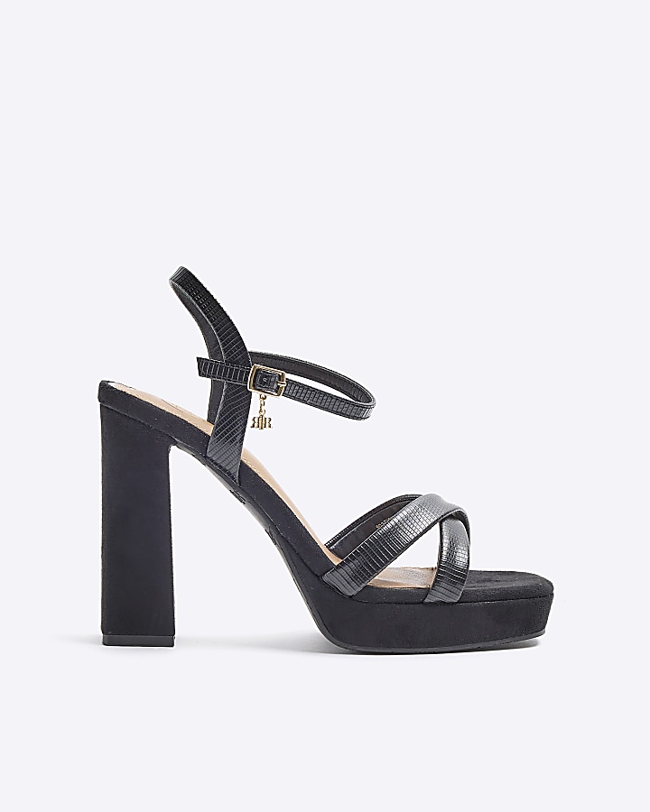 Black crossed strap heeled sandals