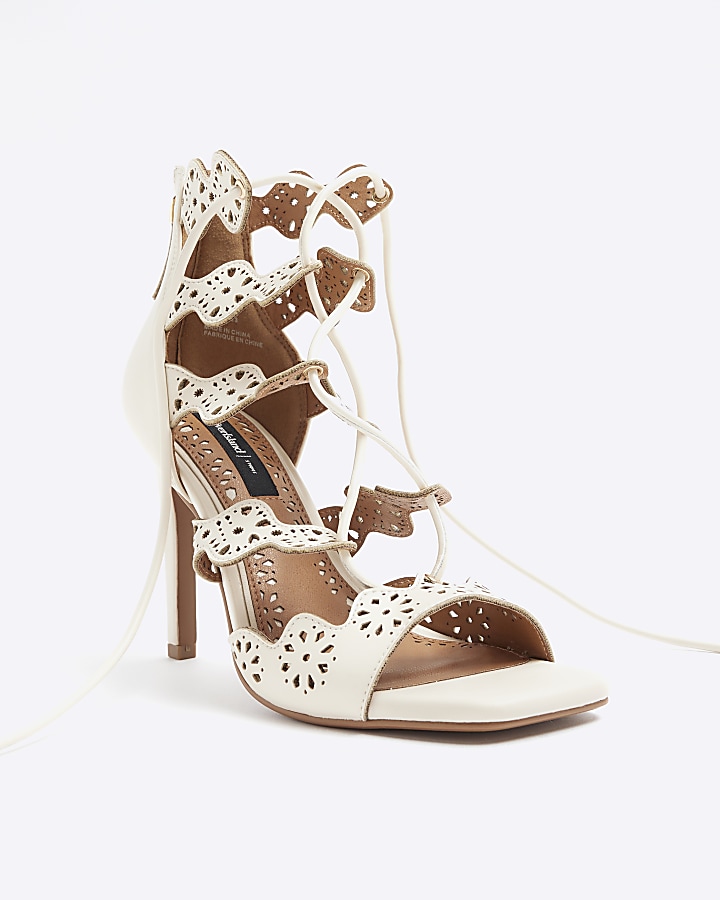 Cream cut out tie up heeled sandals