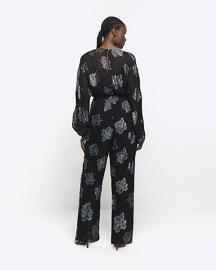 Black glitter floral belted jumpsuit