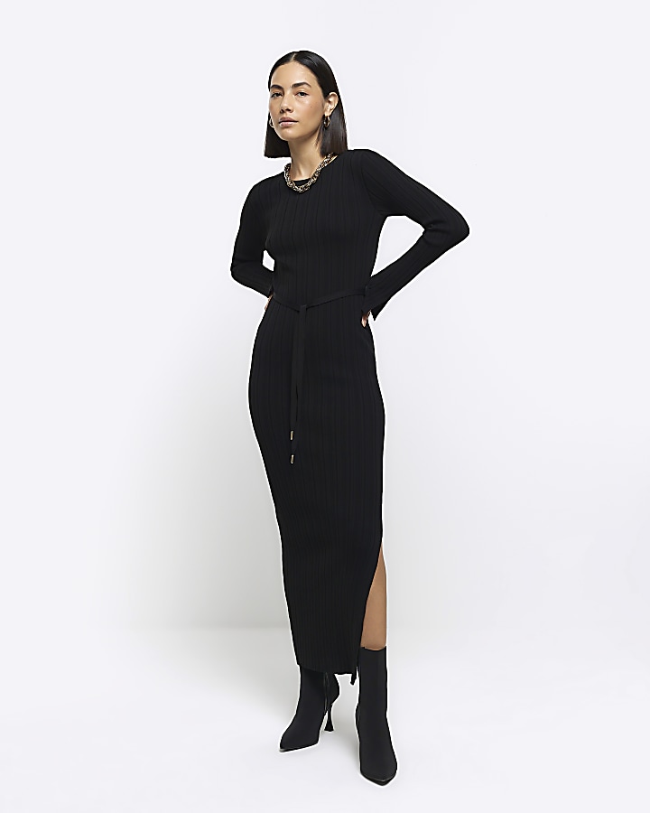 Petite Black Ribbed Long Sleeve Maxi Dress Split