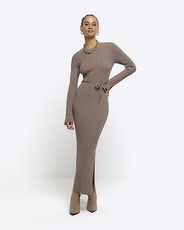 Beige rib tie waist jumper maxi dress