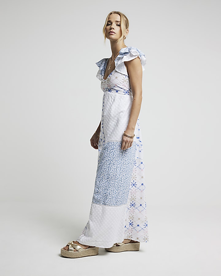 Cream floral patchwork embroidered maxi dress