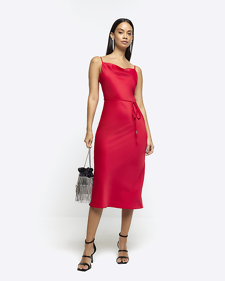 River island slip dress store with cowl neck in red