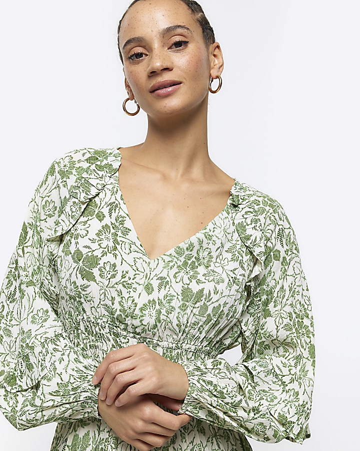 Green floral frill smock mini dress