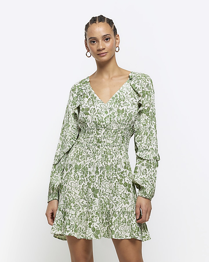 Green floral frill smock mini dress