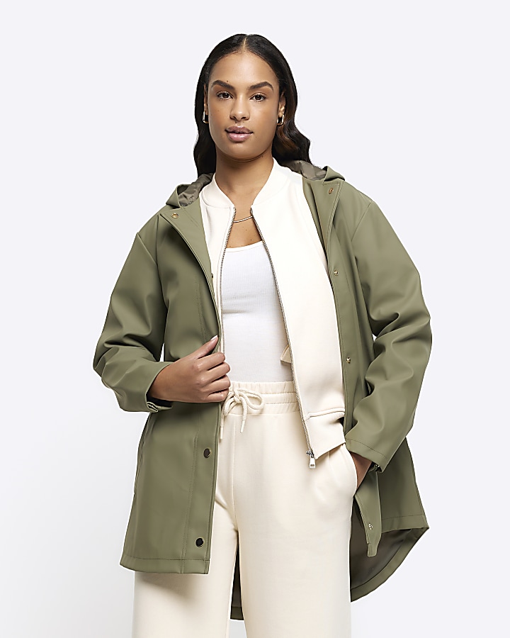 Khaki hooded rain jacket