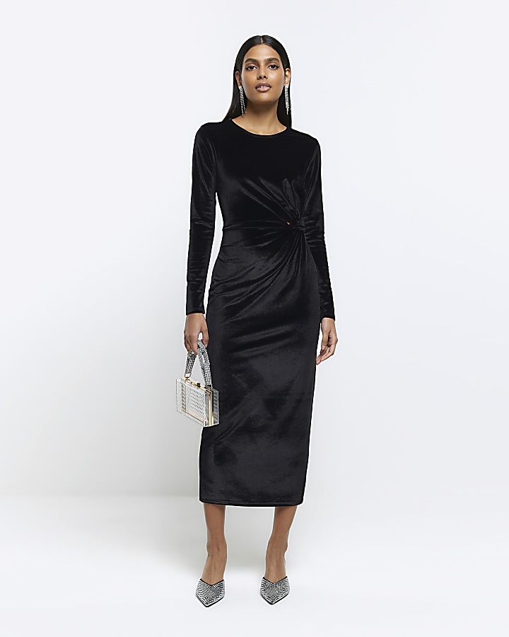 Black velvet twist bodycon midi dress