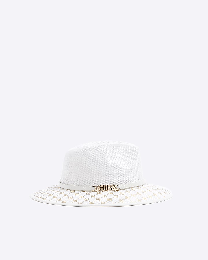 White monogram straw fedora hat