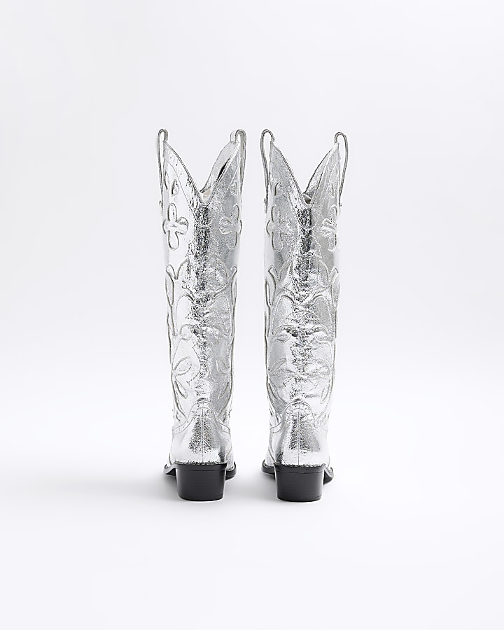 Silver western knee high boots