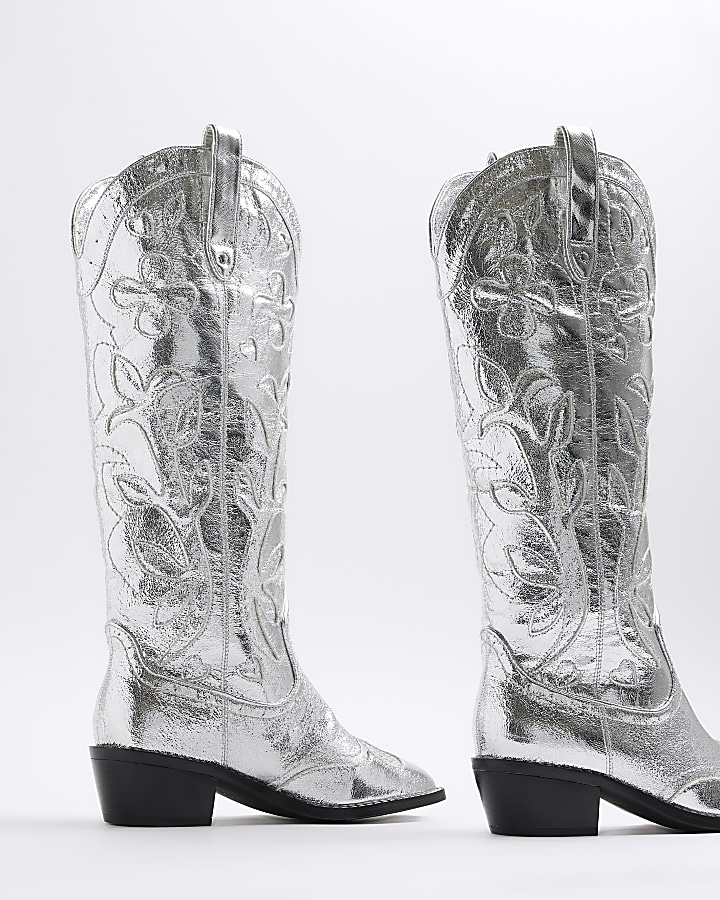 Silver western knee high boots
