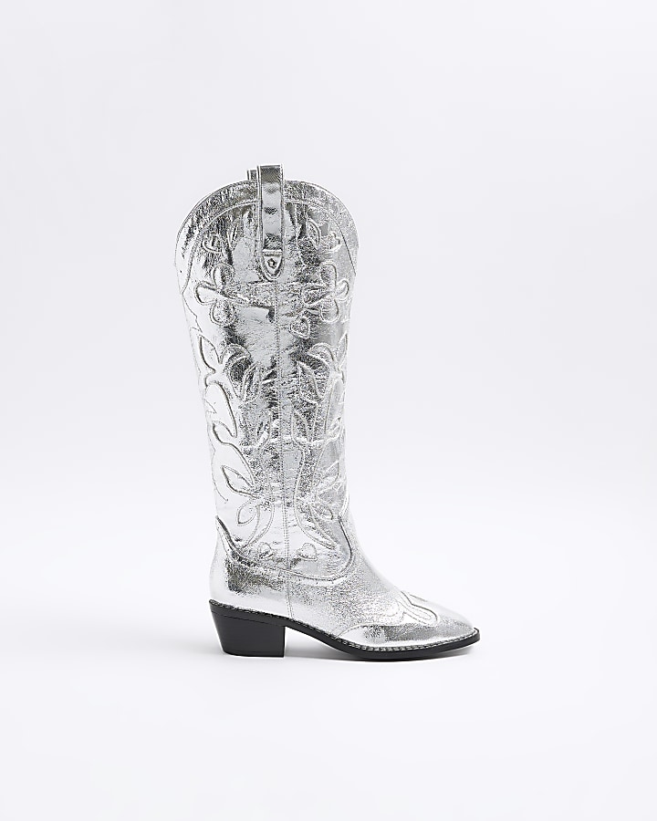 Silver western knee high boots