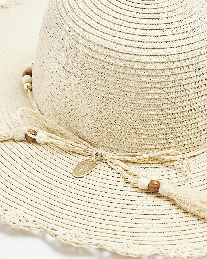 Beige straw beaded hat | River Island