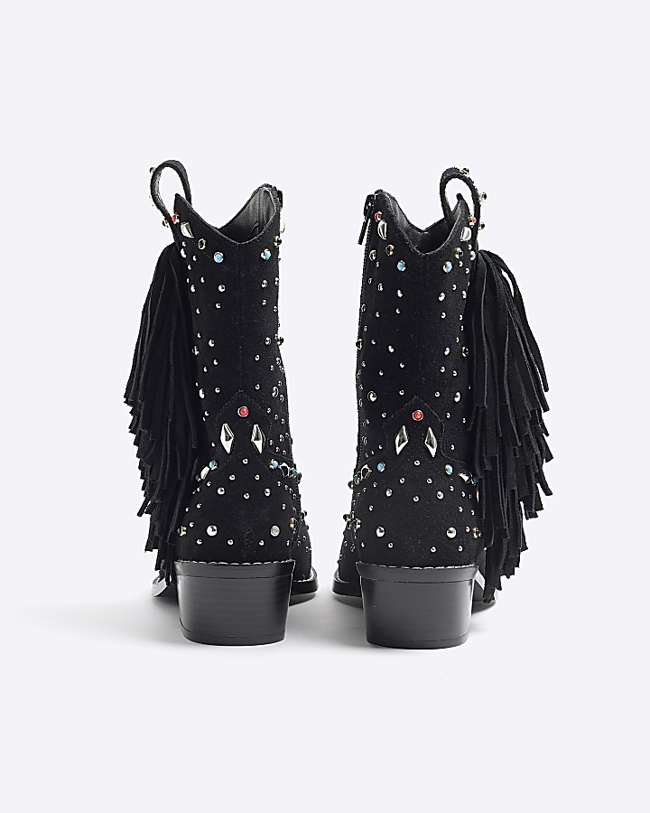 Black Suede Fringe Embellished Western Boot