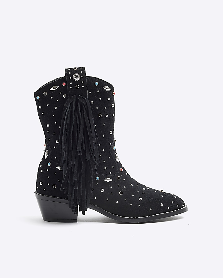 Black Suede Fringe Embellished Western Boot River Island