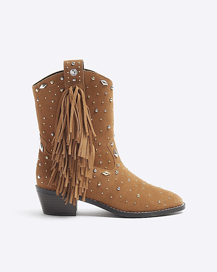 Brown Suede Fringe Embellished Western Boots River Island