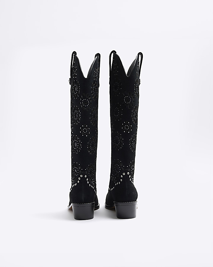 Black Suede High Leg Cut Out Western Boot