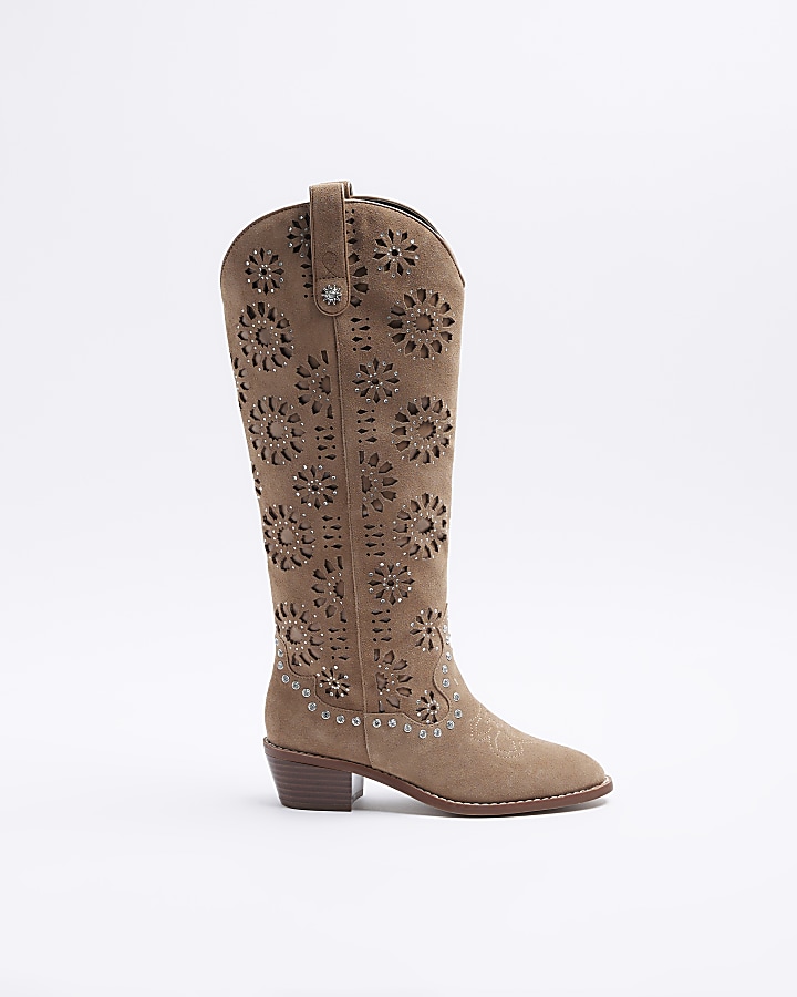 Beige Suede High Leg Cut Out Western Boot