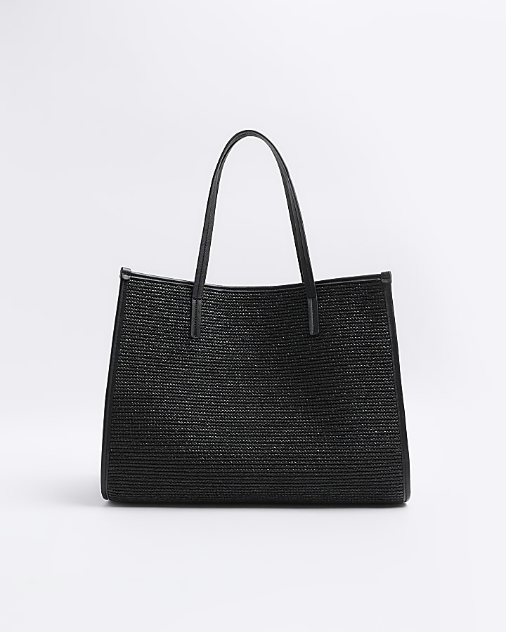 Black raffia embroidered tote bag