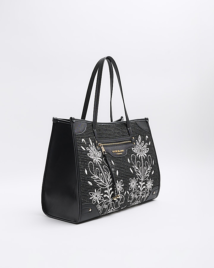 Black raffia embroidered tote bag