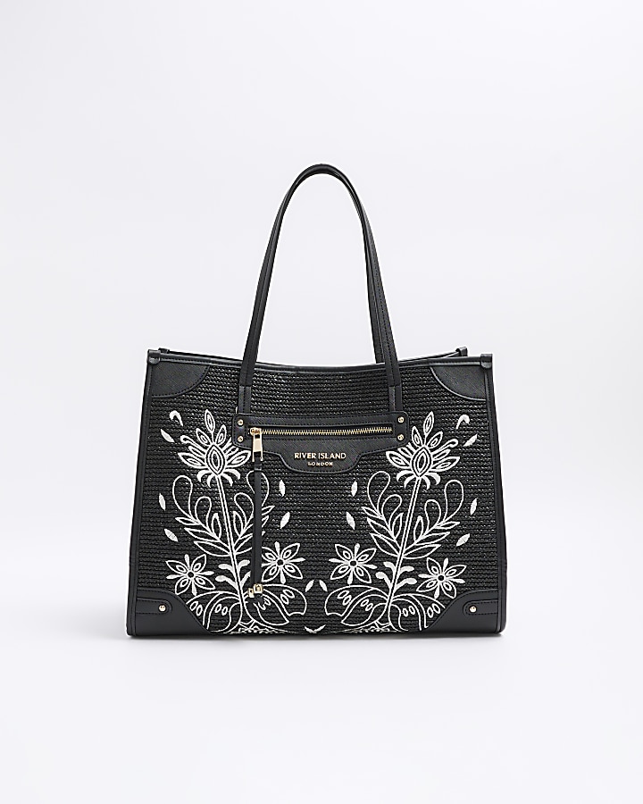 Black raffia embroidered tote bag