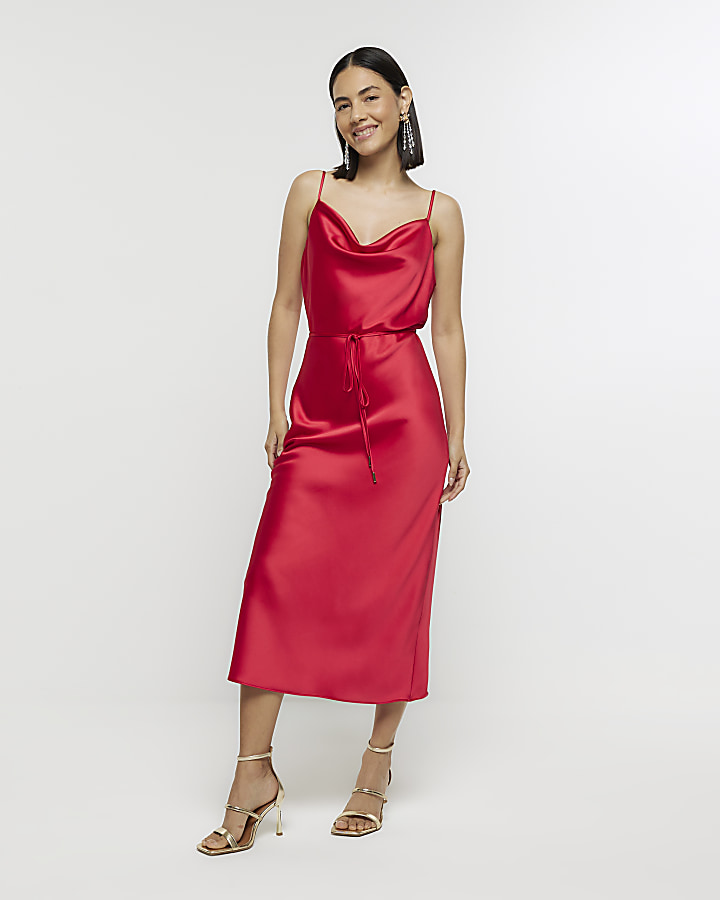 Satin Cowl Neck Slip Midi Dress