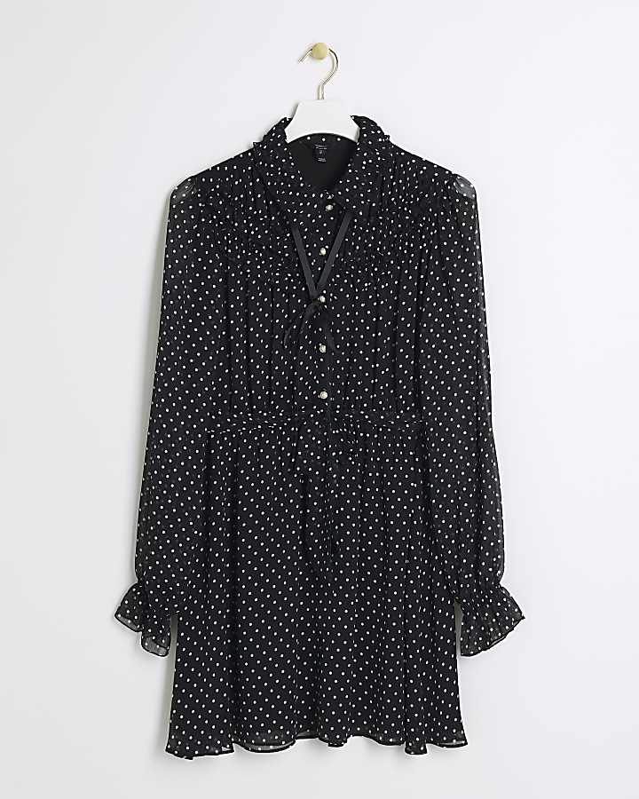 Black spot frill mini shirt dress | River Island