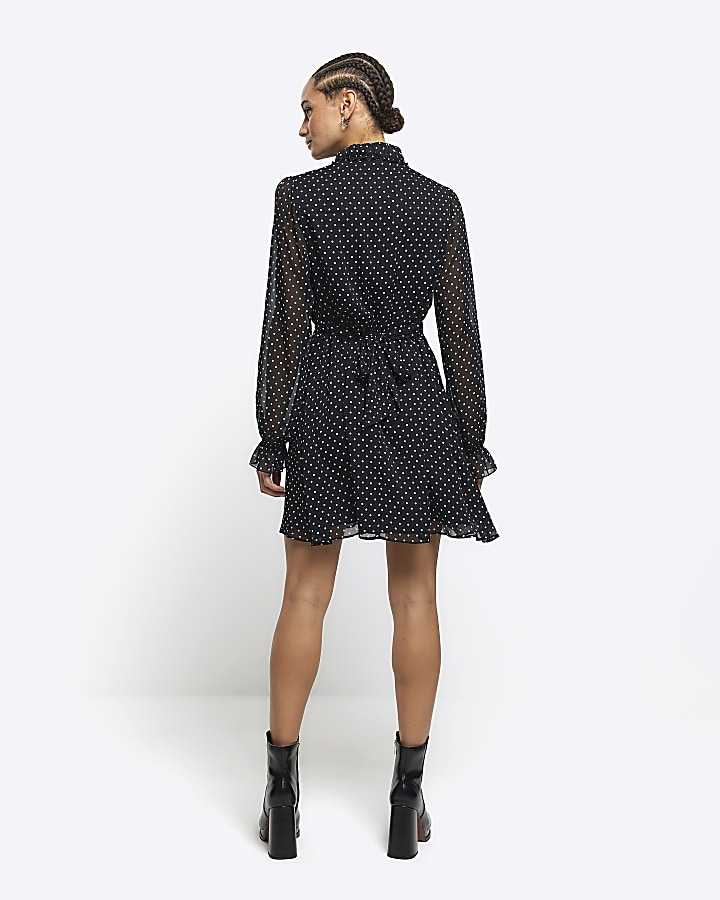 Black spot frill mini shirt dress