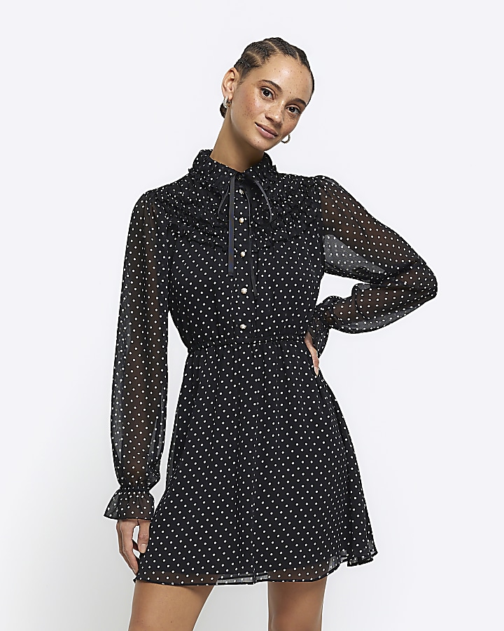 Black spot frill mini shirt dress