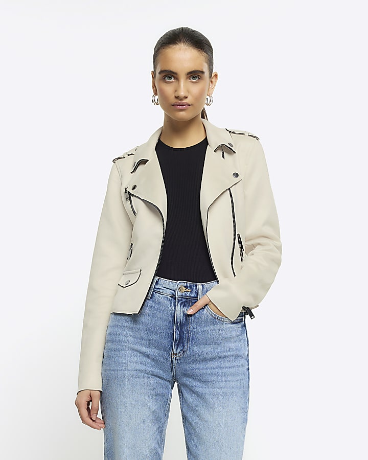 Stone suedette crop biker jacket | River Island