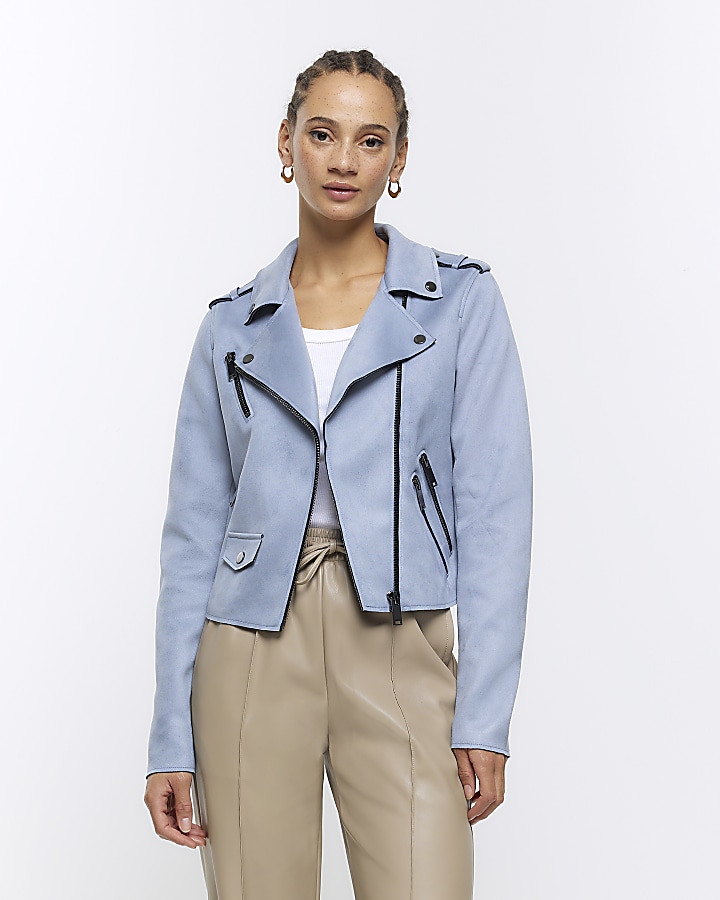 Blue suedette crop biker jacket