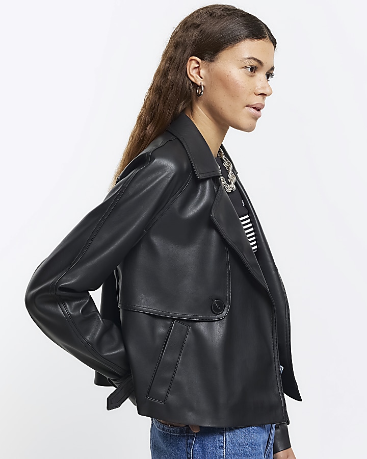Black faux leather crop trench coat