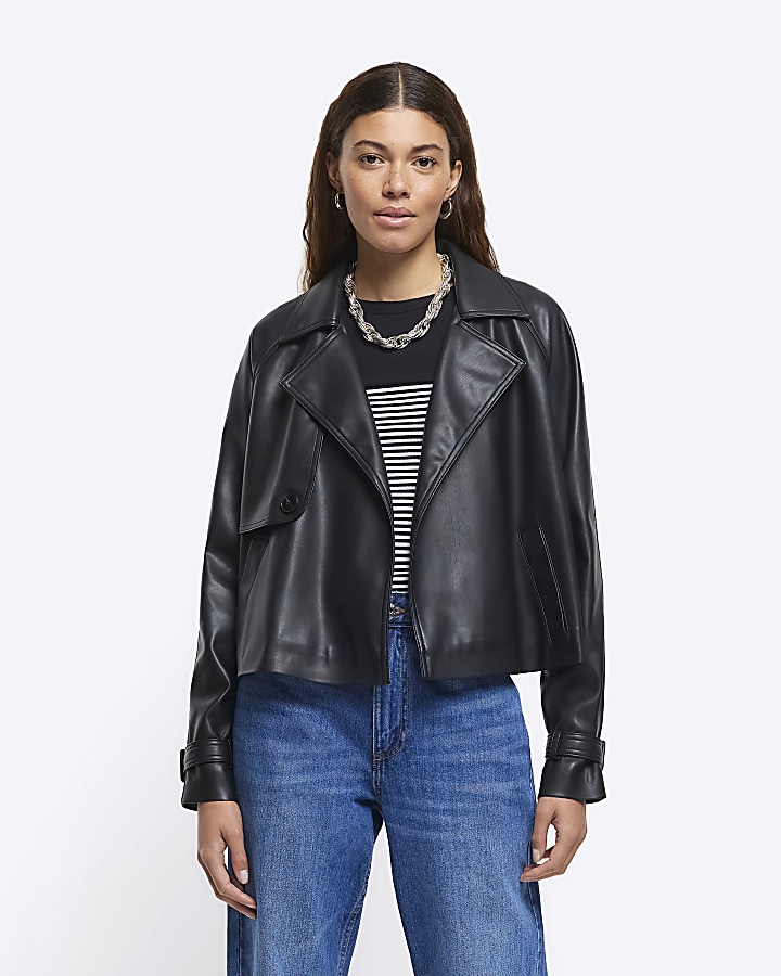 Cropped Faux Leather Moto Jacket for Tall Women in Black S / Tall / Black