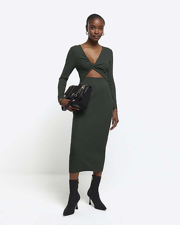 Ellis Khaki Rib Knit Midi Dress