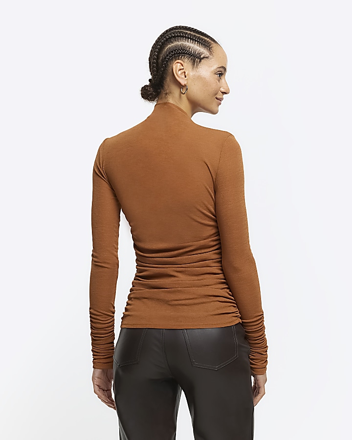 Brown mesh ruched long sleeve top