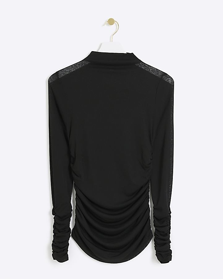 Black mesh ruched long sleeve top