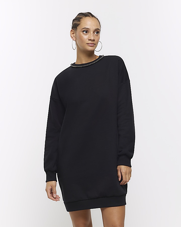 Black diamante trim sweatshirt mini dress | River Island