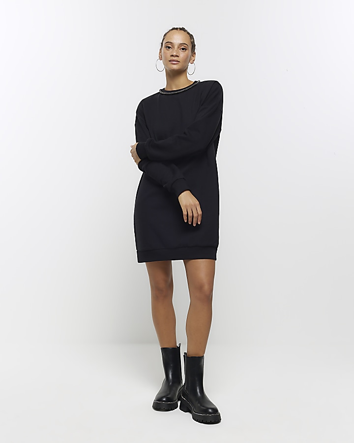 Black diamante trim sweatshirt mini dress