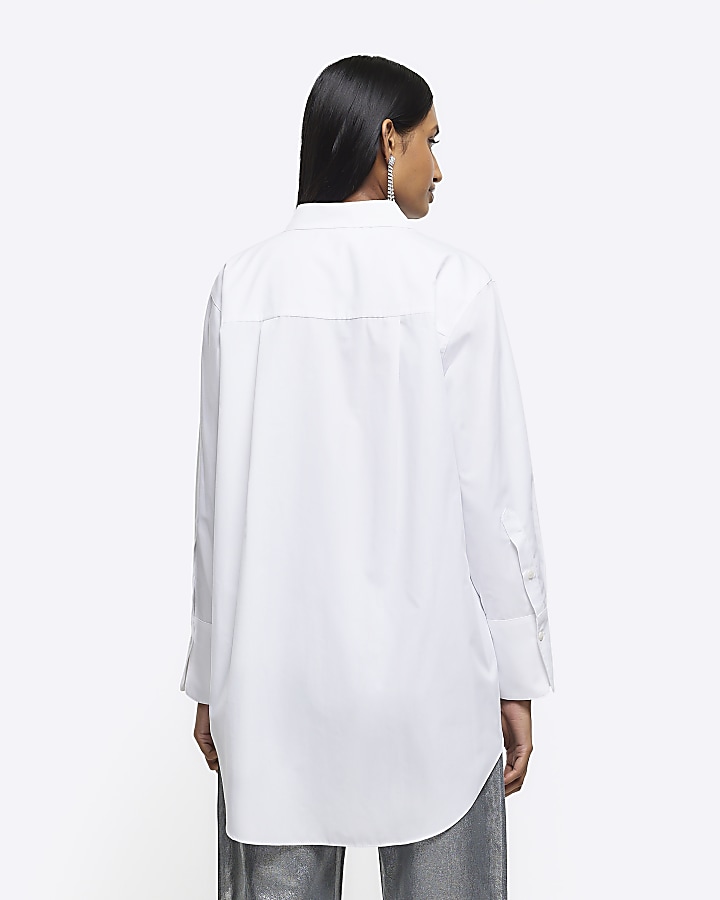 White oversized embellished pocket shirt
