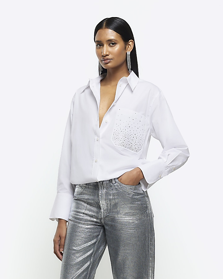 White oversized embellished pocket shirt | River Island