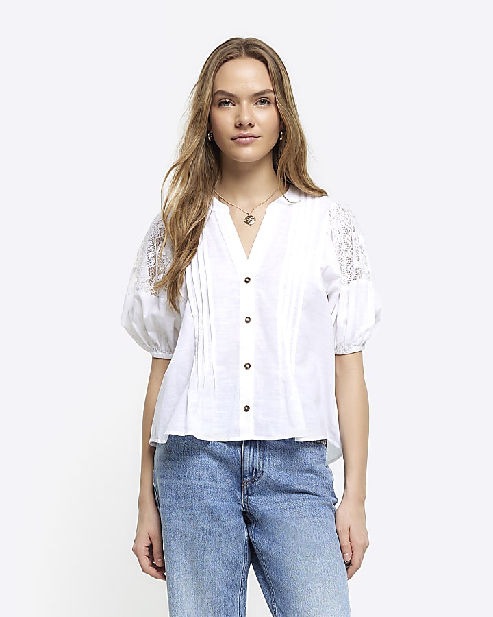 White lace panel puff sleeve blouse