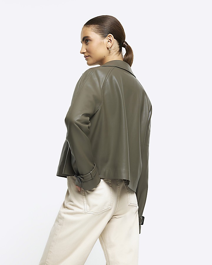 Khaki faux leather crop trench coat