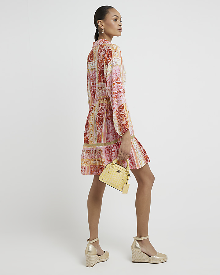 Coral Paisley Beach Mini Shirt Dress River Island