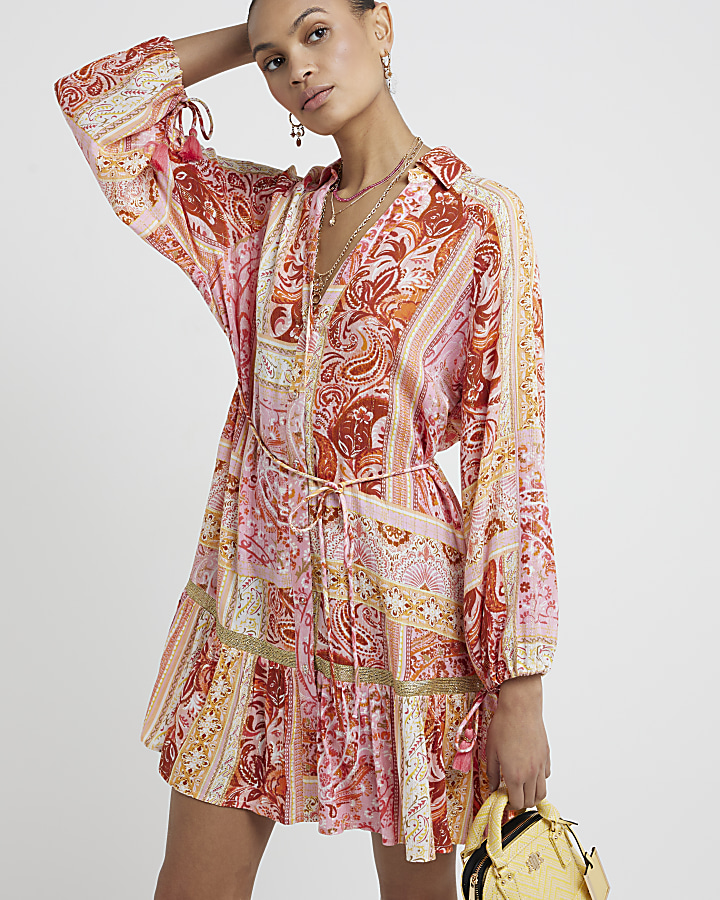 Coral Paisley Beach Mini Shirt Dress River Island