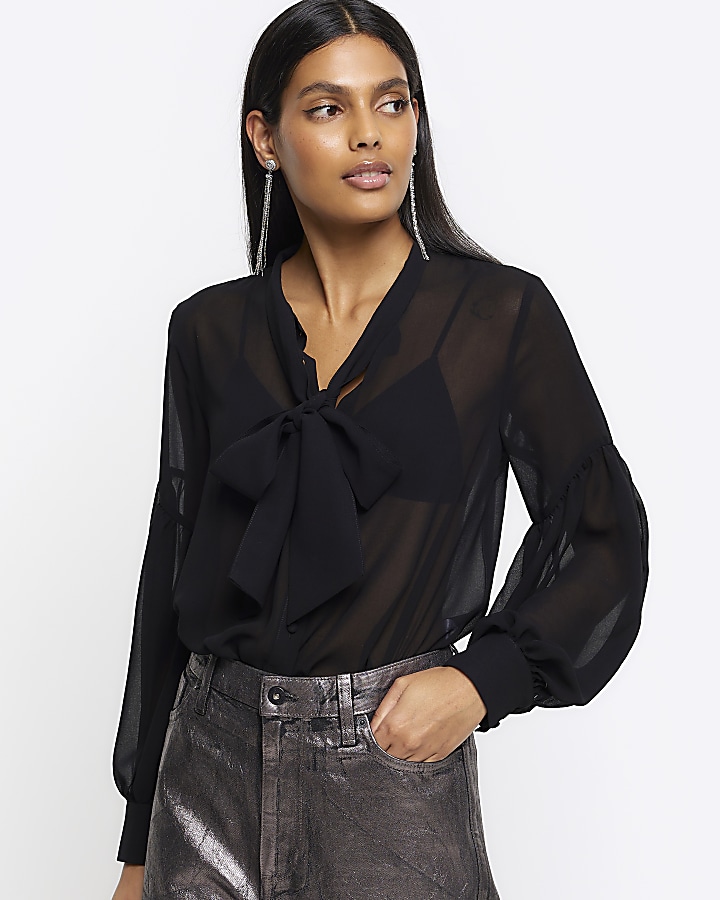 Black front tie long sleeve shirt