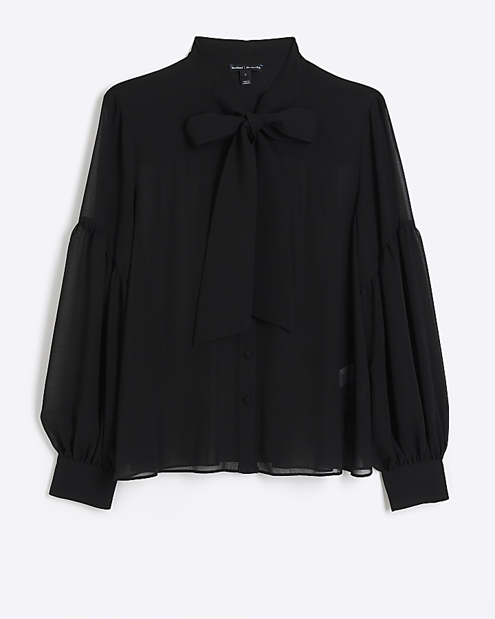 Black front tie long sleeve shirt