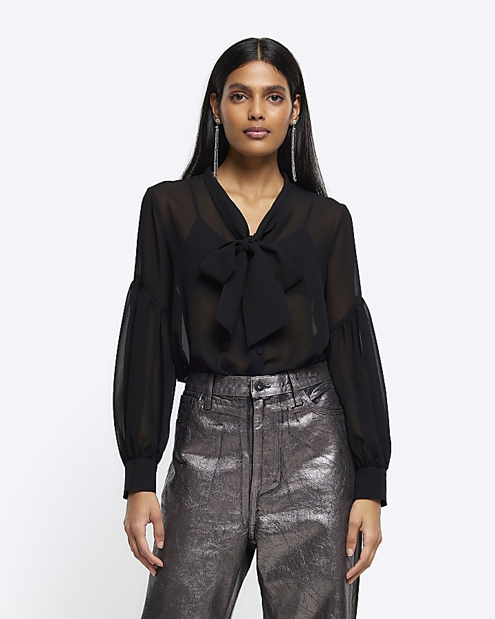 Black front tie long sleeve shirt | River Island