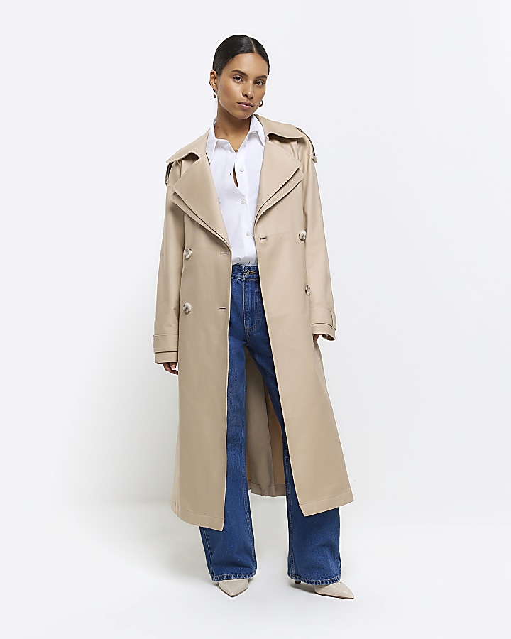 Petite beige double collar belted trench coat