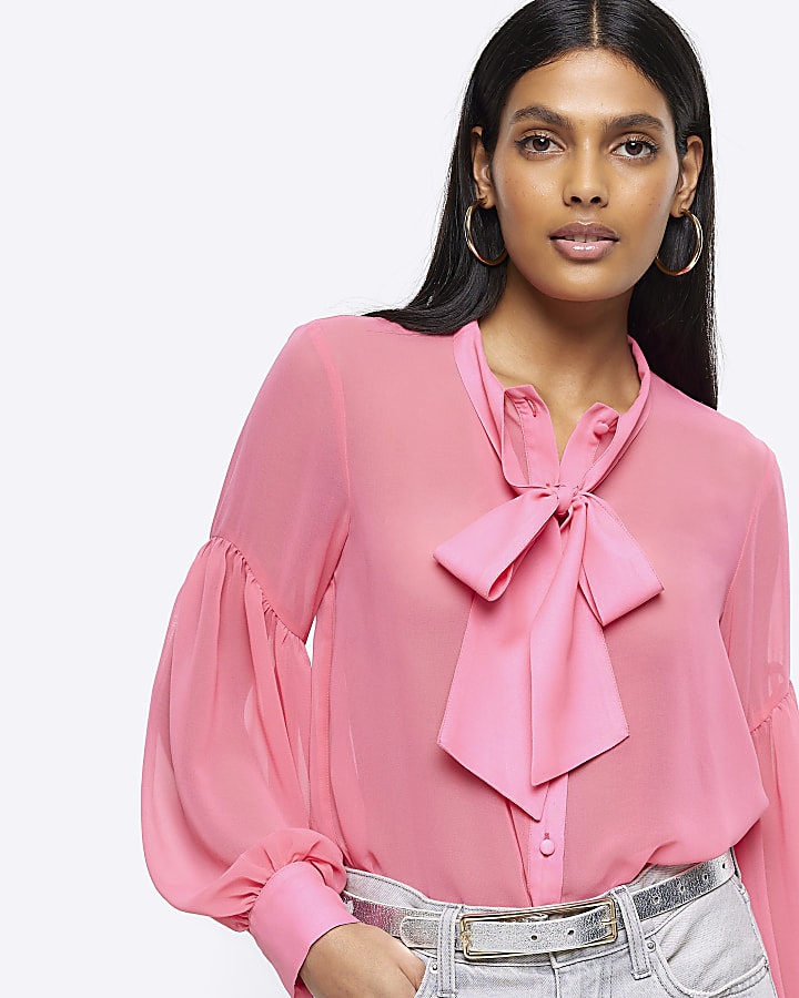 Pink front tie long sleeve shirt | River Island